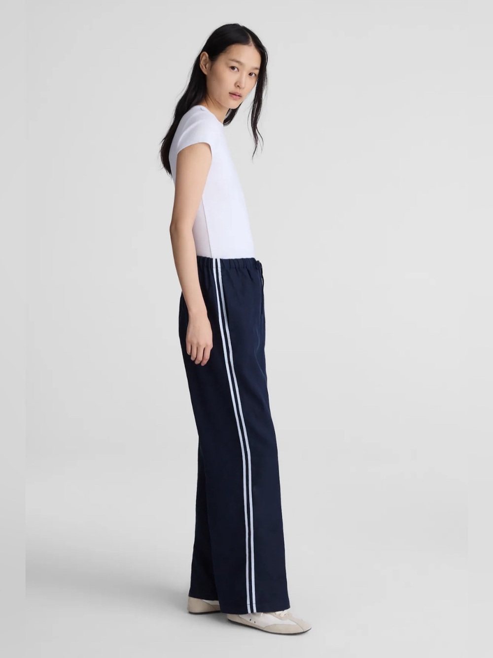 Madewell Pull-On Pants in 100% Linen Navy Blue Track Stripes Pockets Size S NWT